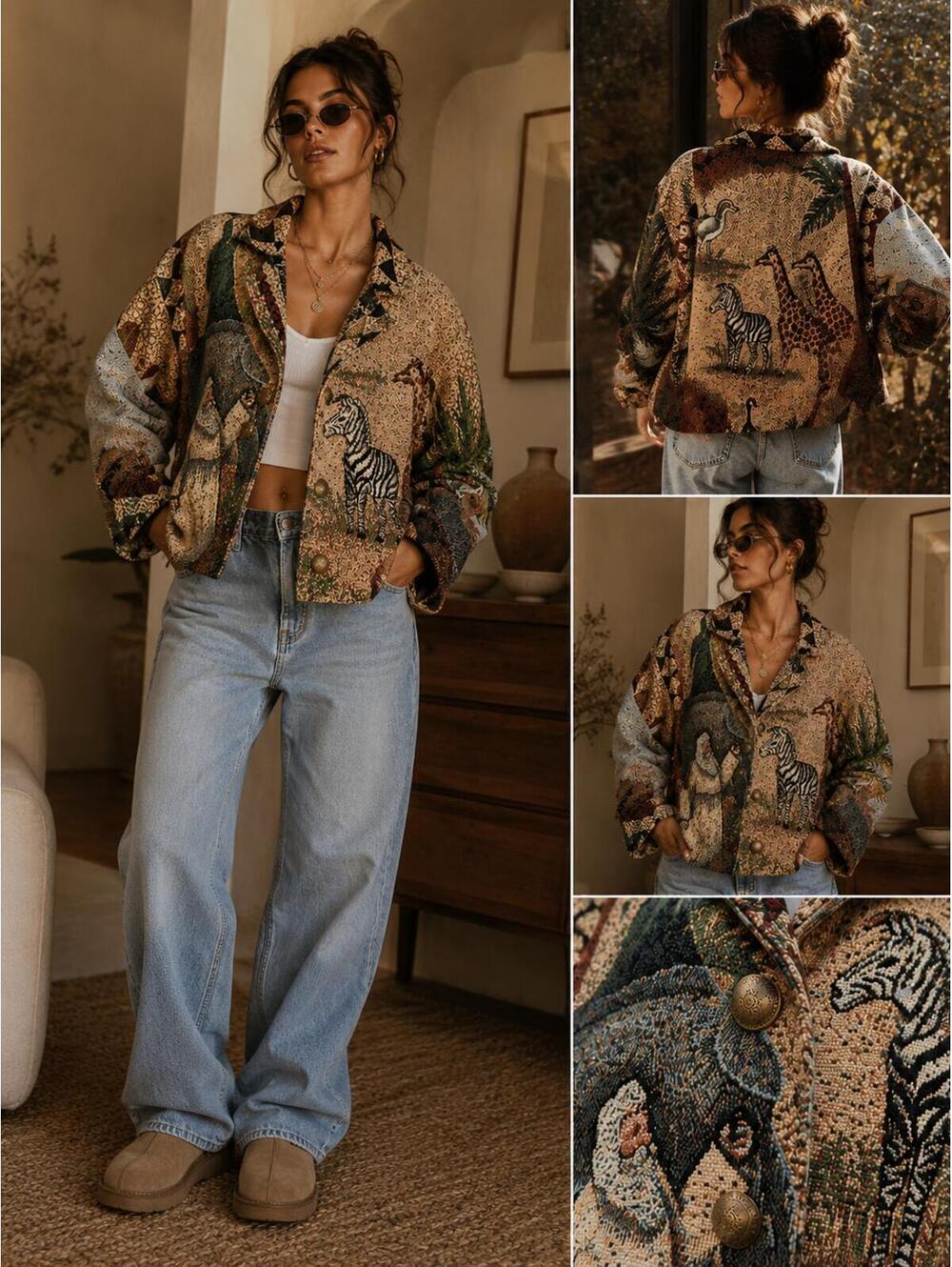Paco‎ Soler Safari Animal Tapestry Jacket USA Boho Cropped M/L vintage